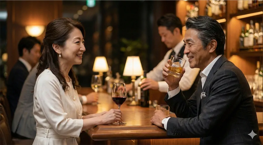 落ち着いたバーカウンターで、お酒を嗜みながら見つめ合う魅力的な男女。