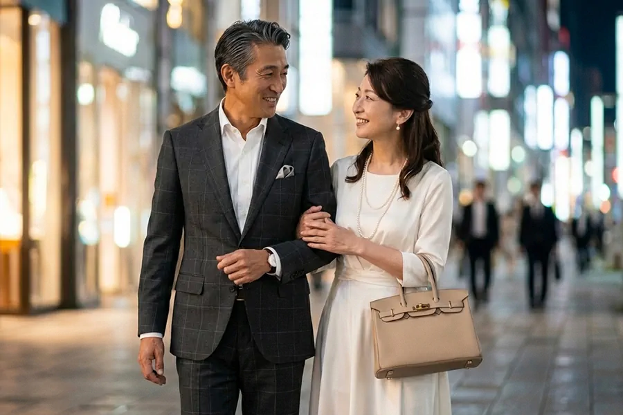 華やかなショッピングストリートを、腕を組んで楽しげに歩くキュピドン銀座の男女会員。