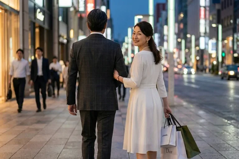 ブランド店が並ぶ通りで、買い物を終えて満足げに歩く気品ある男女の後ろ姿。
