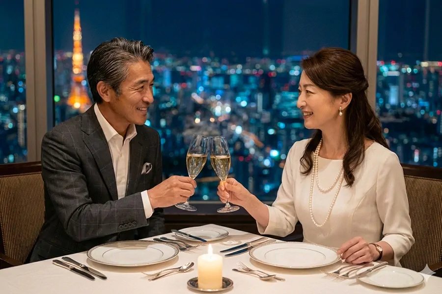 夜景の見える席でシャンパンを交わす熟女と男性会員。
