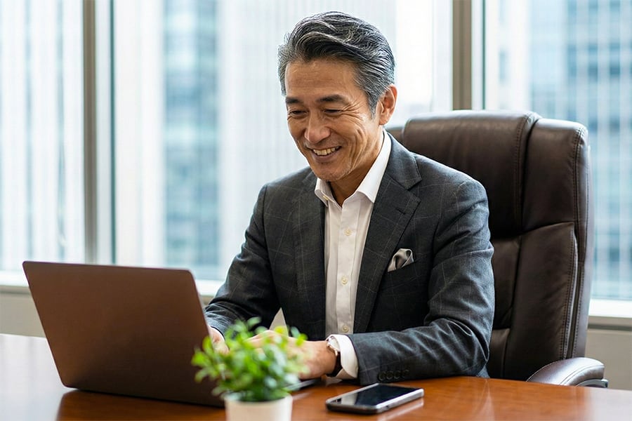 ビジネスシーンでも余裕を感じさせる、オフィスでパソコン作業中の男性会員。