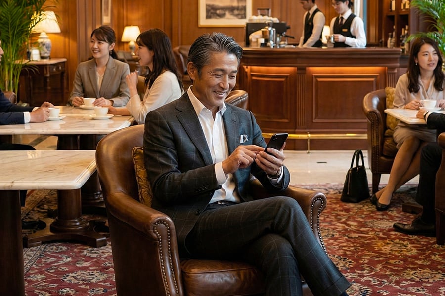 豪華なラウンジで、キュピドン銀座交際クラブの女性会員との待ち合わせの連絡を入れるあなた。