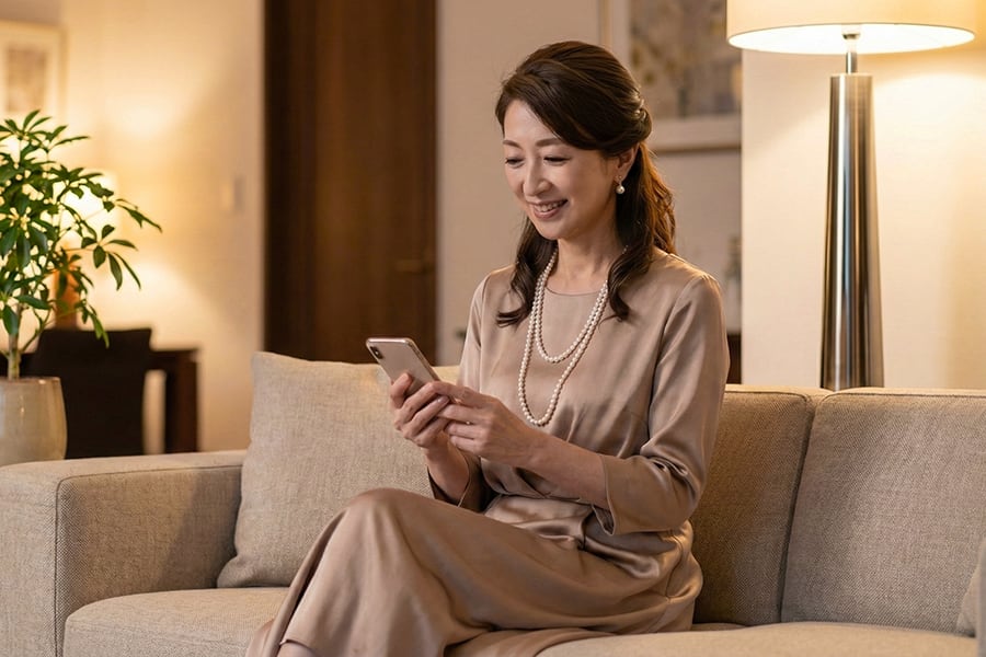 ラウンジのソファでくつろぎながら、スマートフォンを操作するエレガントな女性。