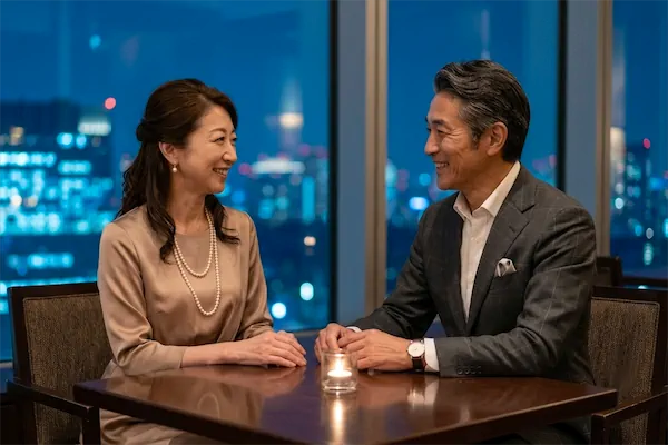東京の夜景を背景に寄り添う大人の男女｜おばさんとデートを楽しむ瞬間