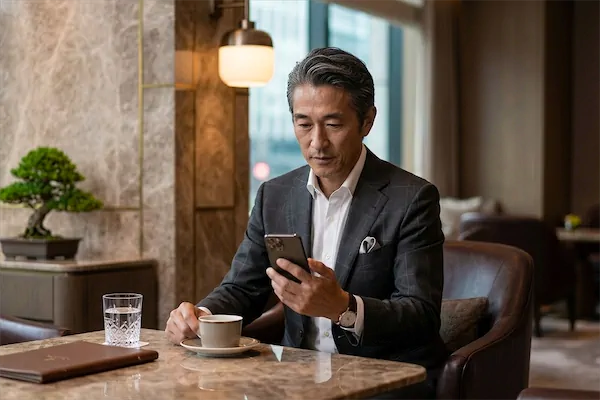 スマートフォンで熟女との出会い方を調べる男性｜交際クラブとアプリの比較