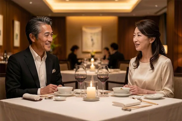 銀座の高級レストランで食事を楽しむ大人の男女｜熟女・人妻との出会い キュピドン銀座