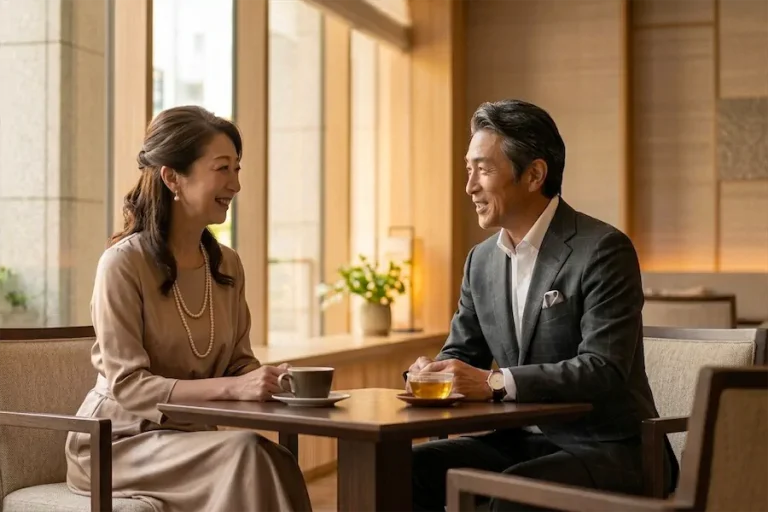 高級カフェでおばさんとデートを楽しむ男性｜熟女との会話の魅力