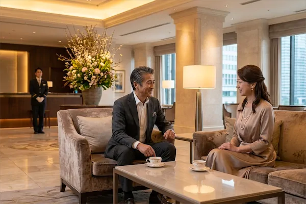 都内の高級ホテルロビーで初めて出会う大人の男女｜交際クラブの出会いイメージ