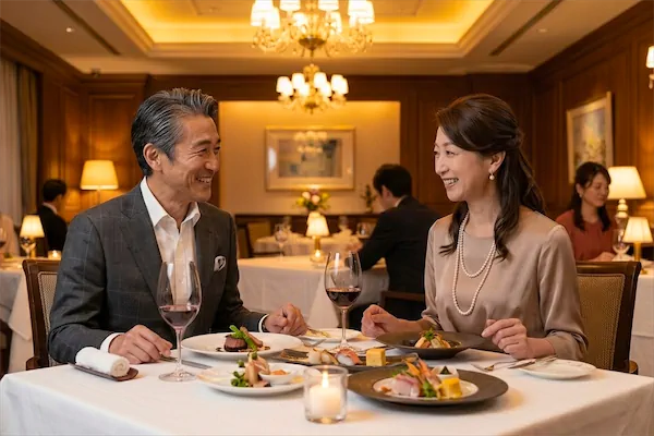 銀座の高級レストランで食事を楽しむ大人の男女｜キュピドン銀座の出会いイメージ