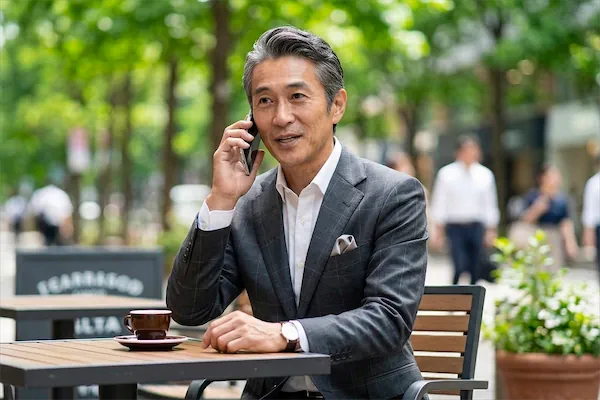 東京のテラスカフェで交際クラブについて問い合わせる男性