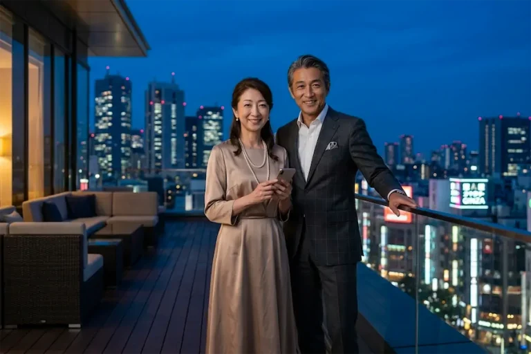 東京の夜景を背景に佇む大人の男女｜都内の高級デートクラブ キュピドン銀座