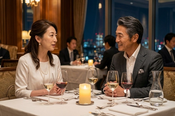50代の男女が対等に会話を楽しむ食事デート｜交際クラブの大人の出会いイメージ