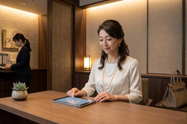 交際クラブの入会手続きをする50代女性｜キュピドン銀座の登録の流れ