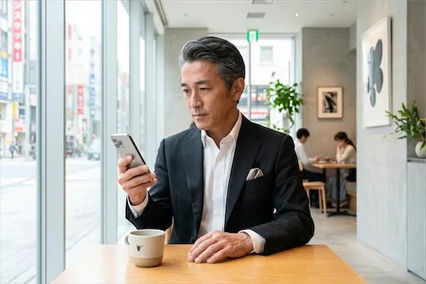 スマートフォンで交際クラブとパパ活アプリを比較する男性｜違いを調べるイメージ