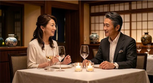 銀座の高級レストランで食事を楽しむ大人の男女｜キュピドン銀座の出会いイメージ